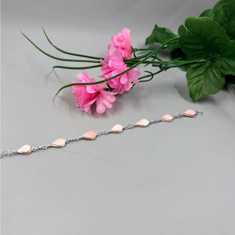 Delicate Pink Stone Handmade Sterling Silver Plated Wire Wrap Link Bracelet - Picture 3 of 5